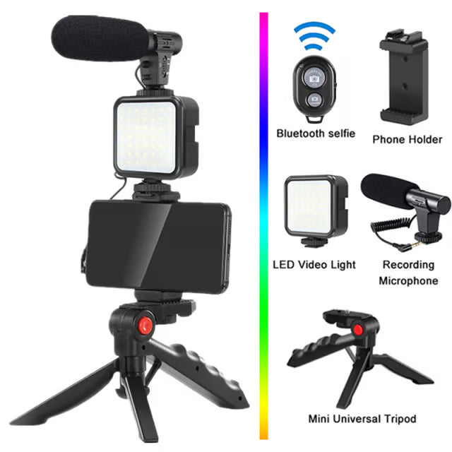 All-in-One Creator Kit – Phone Tripod, Mic & Ring Light for Pro Videos!