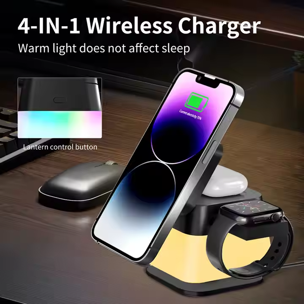 4 in 1 Foldable Wireless Charger Stand Magnetic Multifuncion Station With LED Night Light 15W Fast Charging