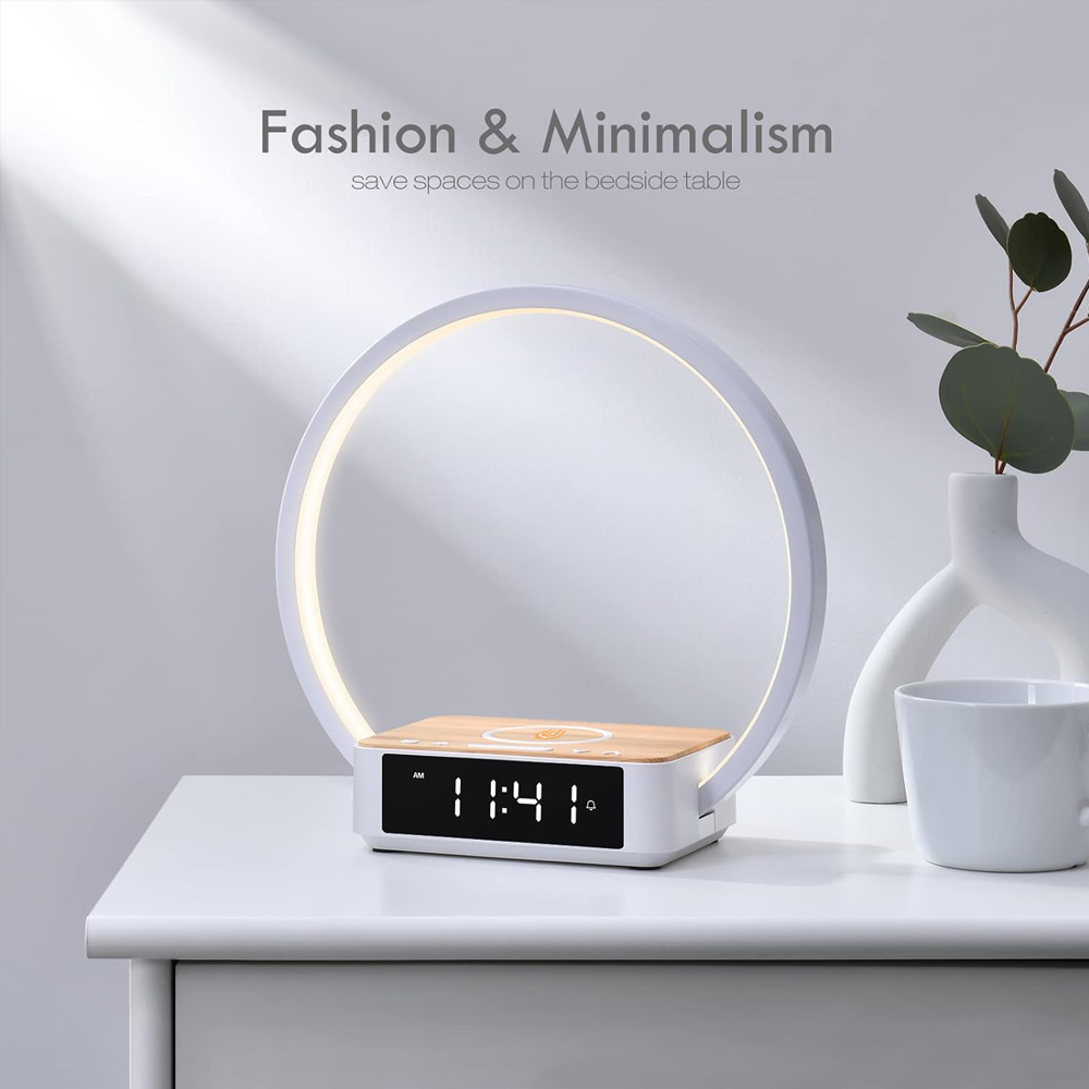 Bedside Table Lamp, Touch Lamp with Alarm Clock with Wireless Charging Wake-up Light