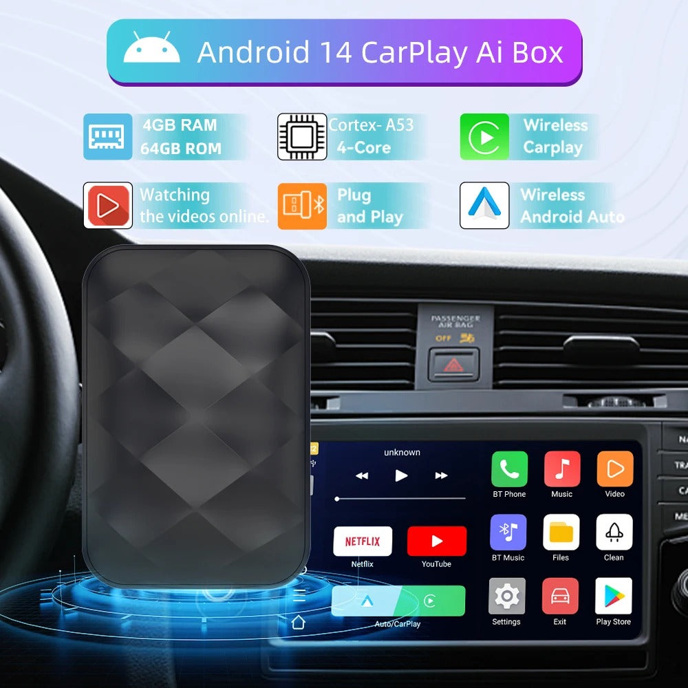 Deviceus 3-in-1 Wireless CarPlay & Android Auto AI Box (Android 14)