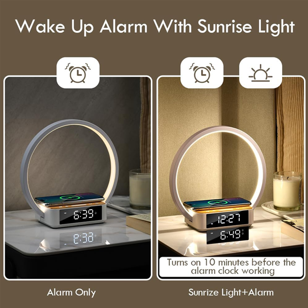 Bedside Table Lamp, Touch Lamp with Alarm Clock with Wireless Charging Wake-up Light