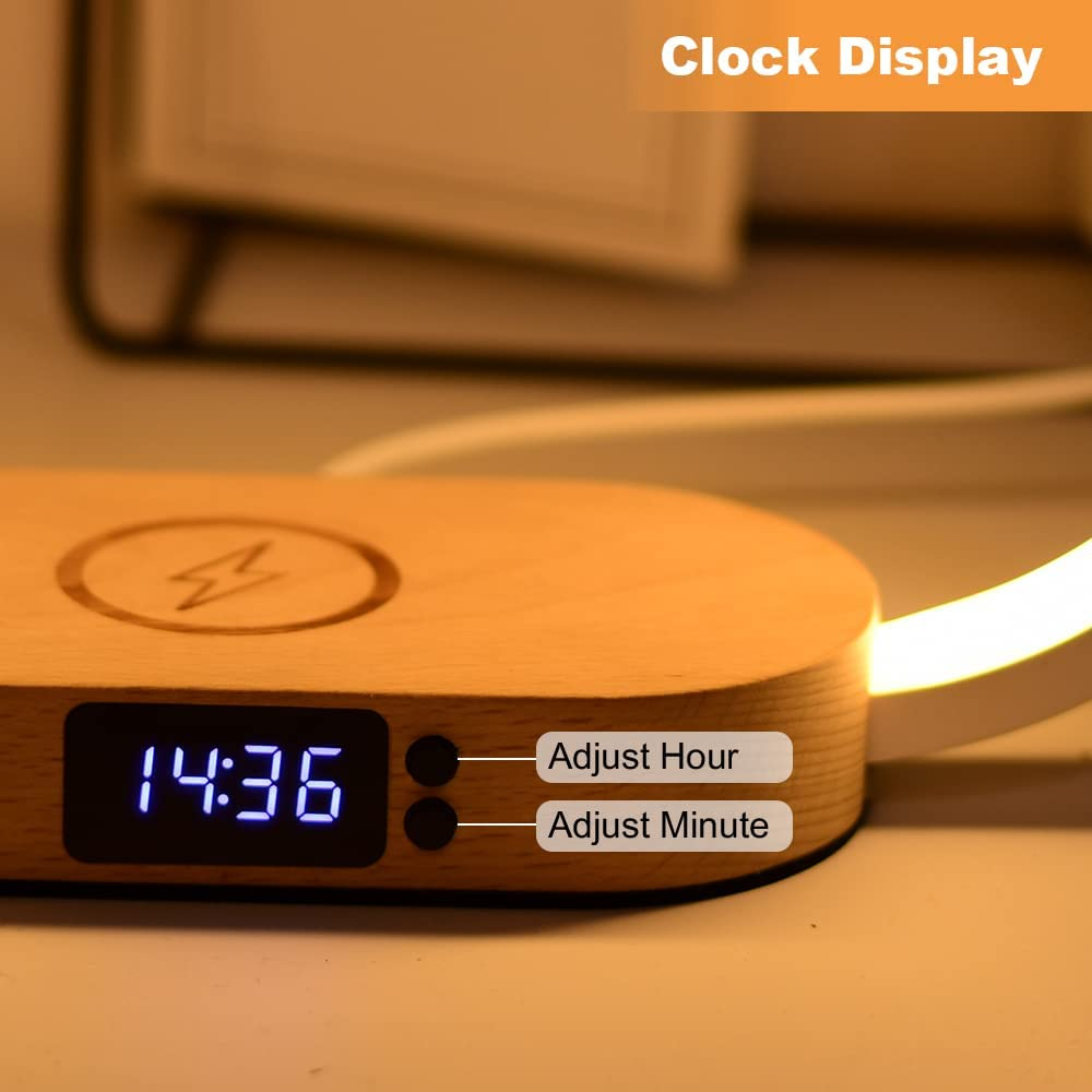 Bedside Lamps with Wireless Charger, Table Lamp with USB Port, Touch Lamp with Clock,