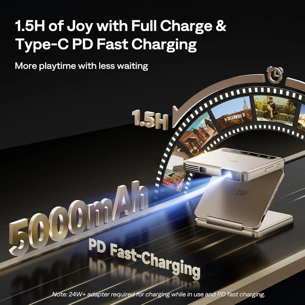 Deviceus ZIP Gold Tri-Fold Portable DLP Mini Pocket Projector – One-Click Screen Mirroring, Type-C Fast Charging, 5000mAh Battery