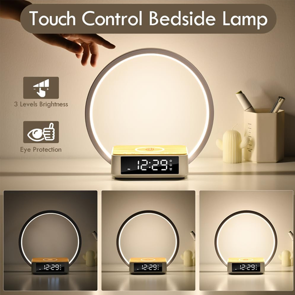 Bedside Table Lamp, Touch Lamp with Alarm Clock with Wireless Charging Wake-up Light
