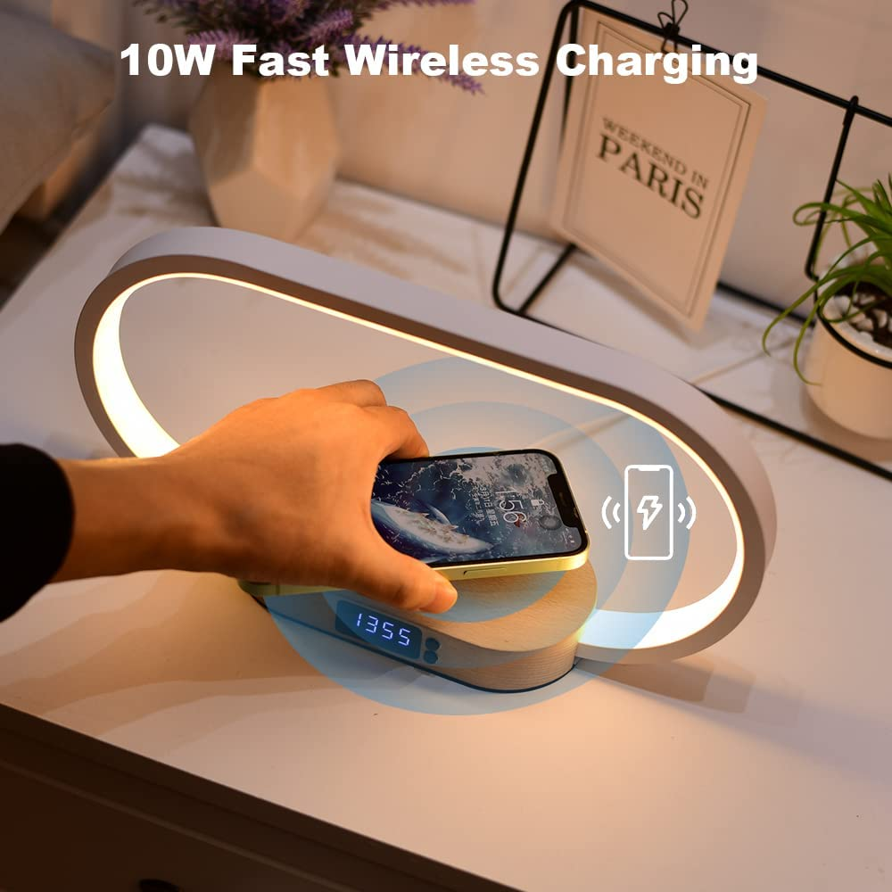 Bedside Lamps with Wireless Charger, Table Lamp with USB Port, Touch Lamp with Clock,