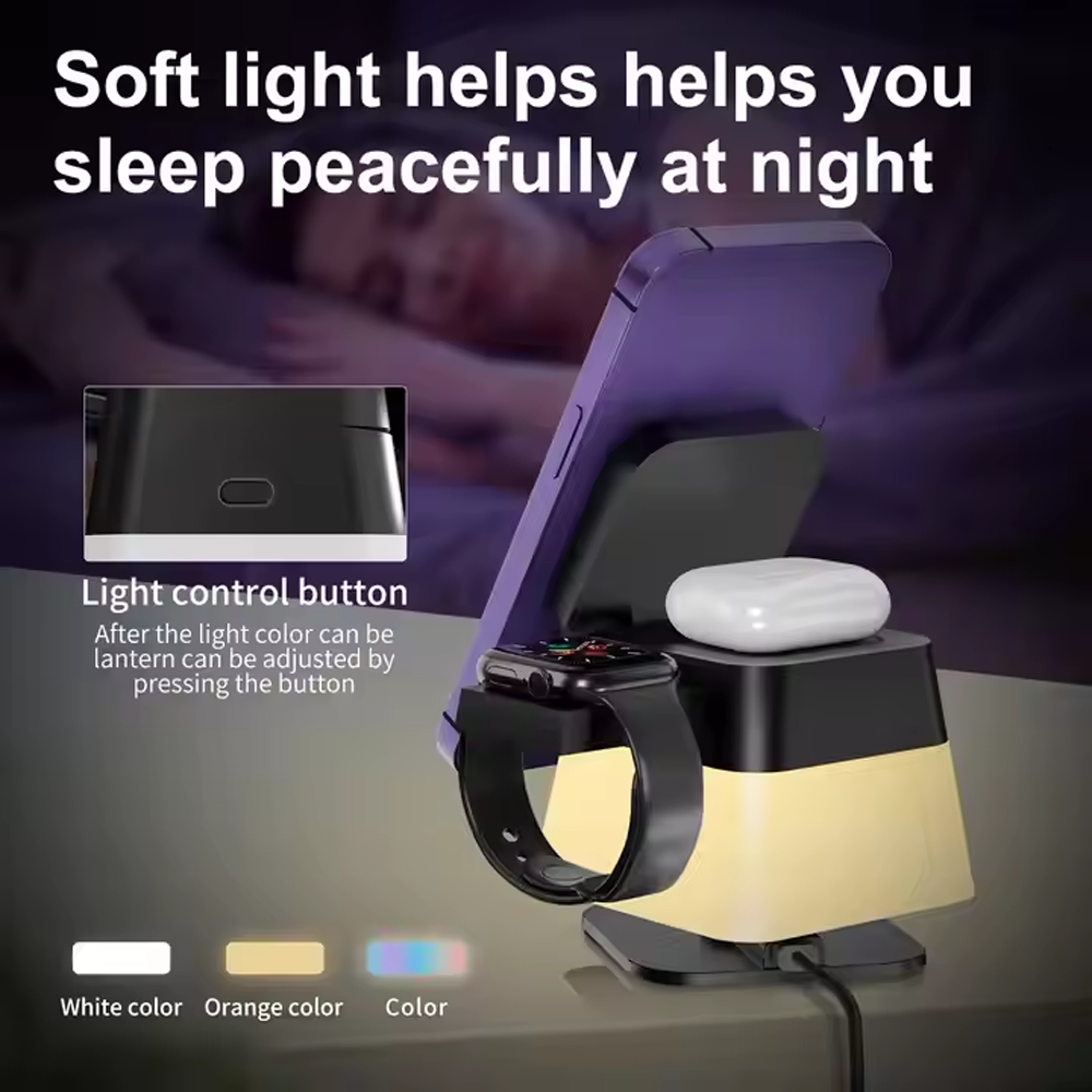 4 in 1 Foldable Wireless Charger Stand Magnetic Multifuncion Station With LED Night Light 15W Fast Charging