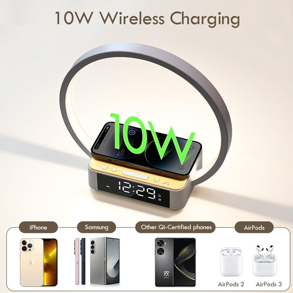Bedside Table Lamp, Touch Lamp with Alarm Clock with Wireless Charging Wake-up Light