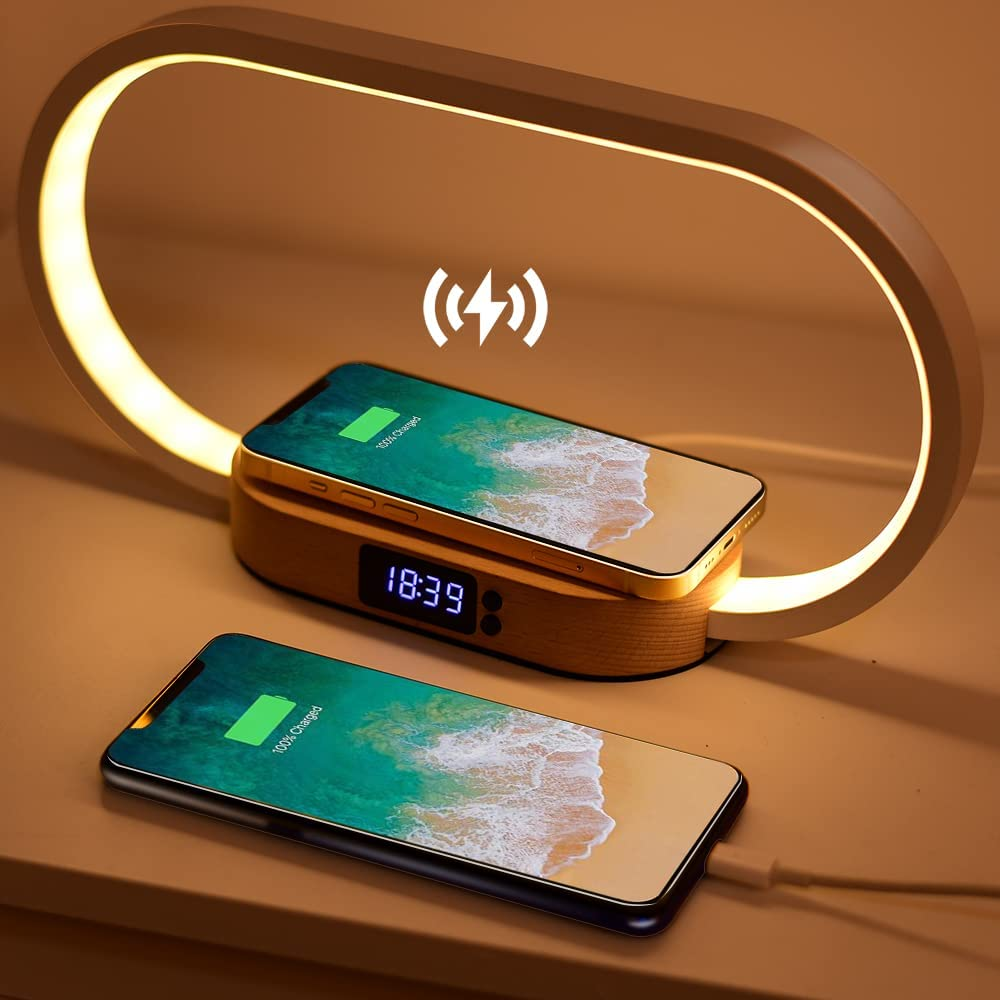 Bedside Lamps with Wireless Charger, Table Lamp with USB Port, Touch Lamp with Clock