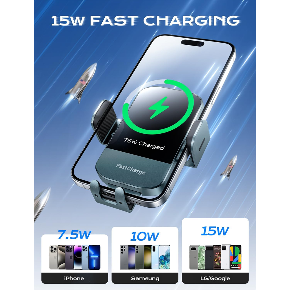 Wireless Car Charger, 15W Fast Charging Auto Clamping