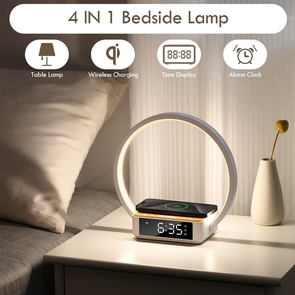 Bedside Table Lamp, Touch Lamp with Alarm Clock with Wireless Charging Wake-up Light