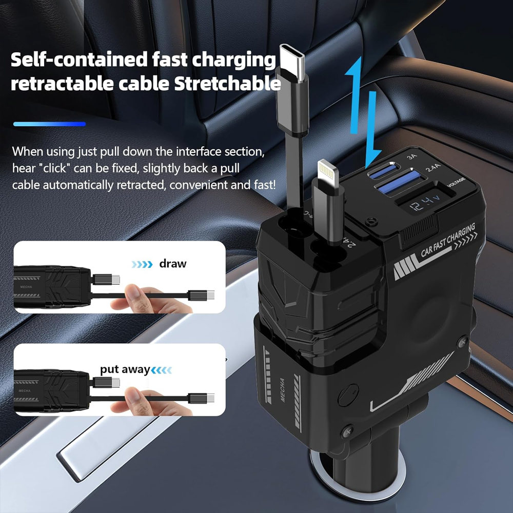 Retractable Car Charger, 66W 4-in-1 Super Fast Charging Car Phone Charger with Retractable Cable (31.5 Inch)