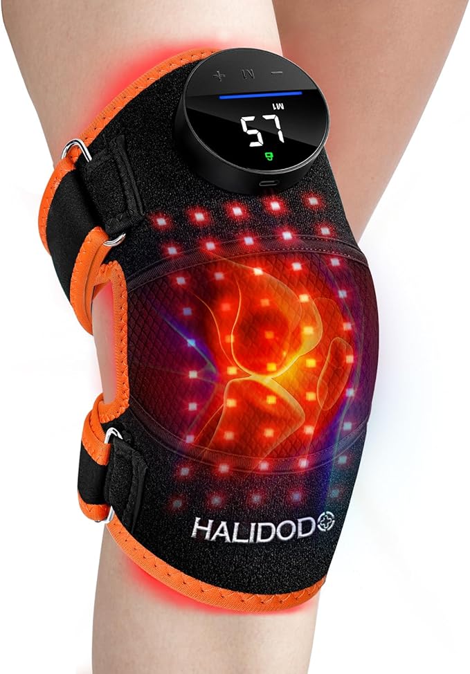 HALIDODO Red Light Therapy Knee Brace, Knee Massager with 4 Vibration Areas, Rechargeable Controller, 660nm & 850nm Red Light Therapy Heated Device for Knee/Joint/Elbow/Shoulder