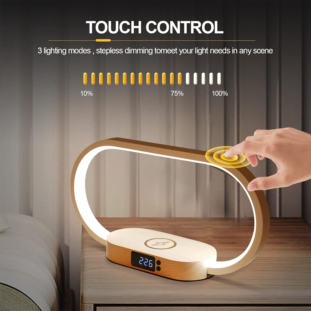 Bedside Lamps with Wireless Charger, Table Lamp with USB Port, Touch Lamp with Clock,