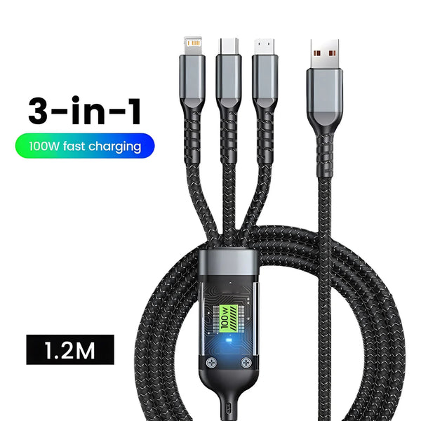 🎁Hot Sale 40% OFF⏳ Transparent  Luminous 3-in-1 Cable - 100W Fast-Charging