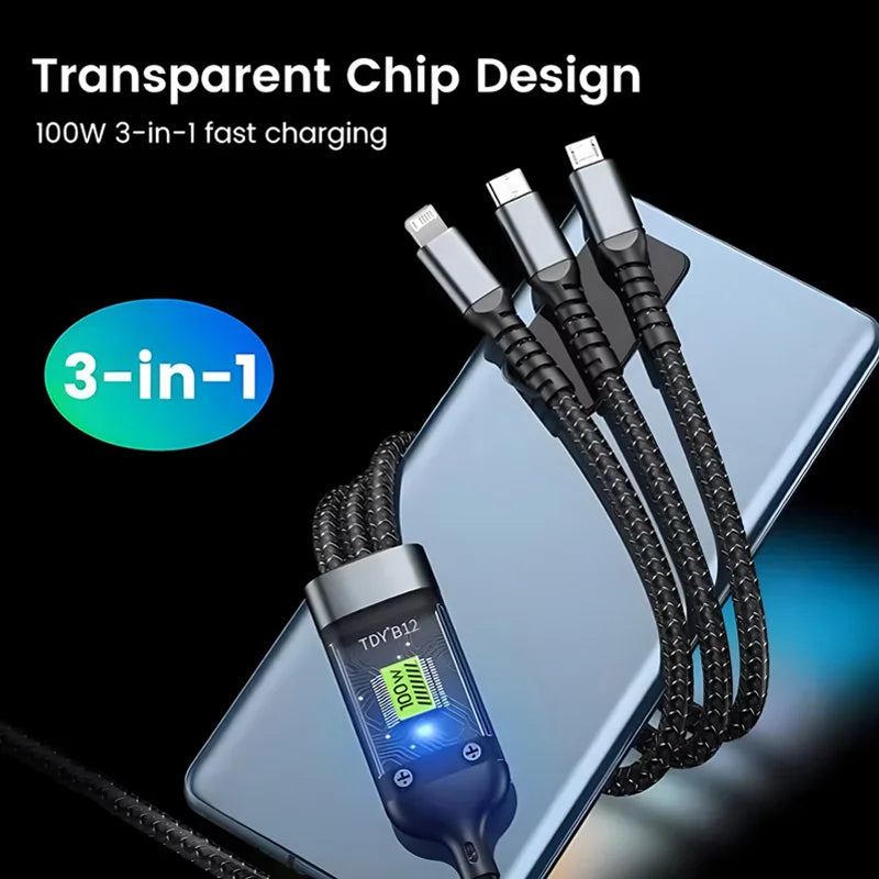 🎁Hot Sale 40% OFF⏳ Transparent  Luminous 3-in-1 Cable - 100W Fast-Charging