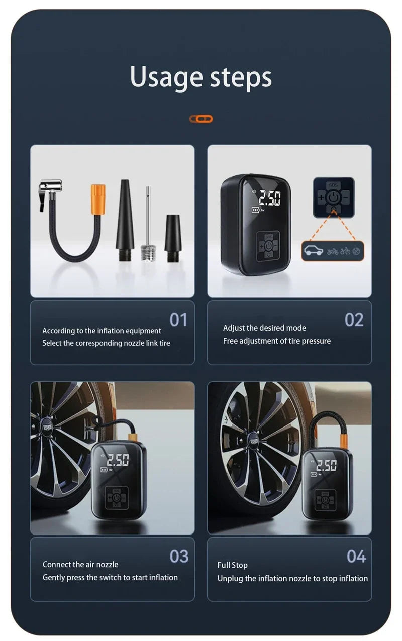 Multipurpose Electric Wireless Air Compressor For Car Tires, Motorcycles, Bicycle Etc.