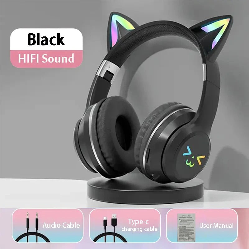 RGB Glow Cat Ear Wireless Earbuds Bluetooth 5.3 | Gaming Sports Headphones with LED Lights, Mic & MP3 Player