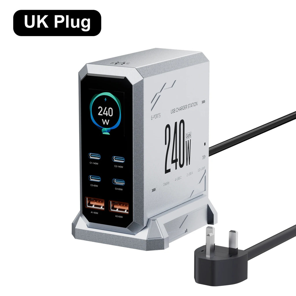 240W GaN Fast Charging Station 6-in-1 | 140W PD 3.1 PPS USB-C Multi-Port Charger with Digital Display | For MacBook, iPhone 16/15, Samsung & Laptops