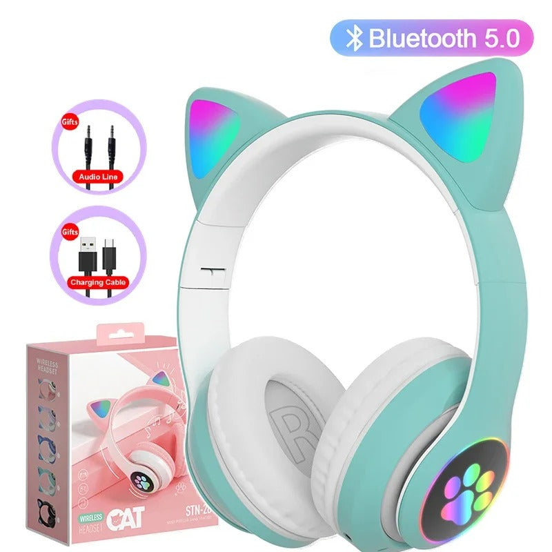 Flash Lamp Cat Ear Bluetooth Headphones for Kids | Wireless Stereo Headset with Mic, TF Card Support & LED Light-Up Ears