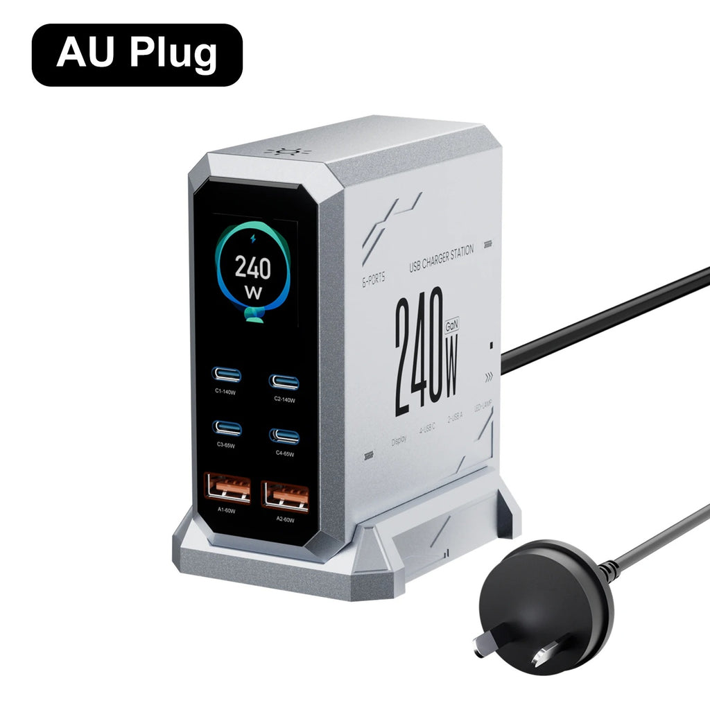 240W GaN Fast Charging Station 6-in-1 | 140W PD 3.1 PPS USB-C Multi-Port Charger with Digital Display | For MacBook, iPhone 16/15, Samsung & Laptops