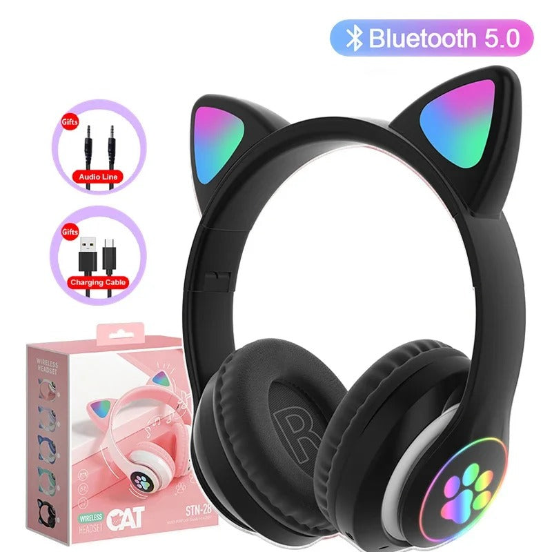 Flash Lamp Cat Ear Bluetooth Headphones for Kids | Wireless Stereo Headset with Mic, TF Card Support & LED Light-Up Ears