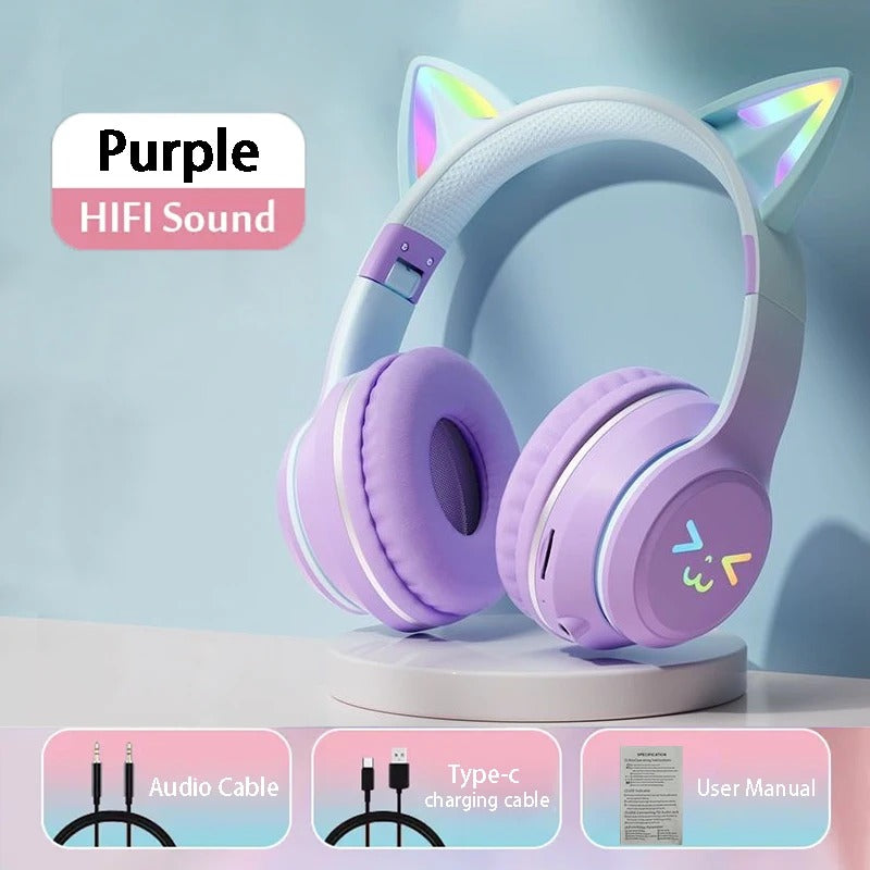 RGB Glow Cat Ear Wireless Earbuds Bluetooth 5.3 | Gaming Sports Headphones with LED Lights, Mic & MP3 Player