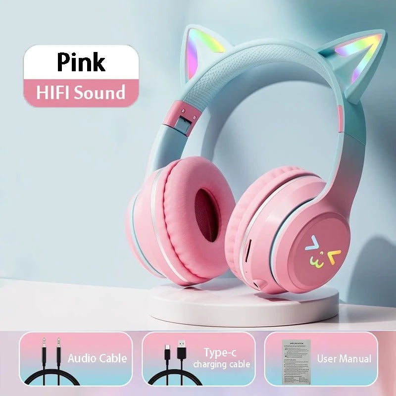 RGB Glow Cat Ear Wireless Earbuds Bluetooth 5.3 | Gaming Sports Headphones with LED Lights, Mic & MP3 Player