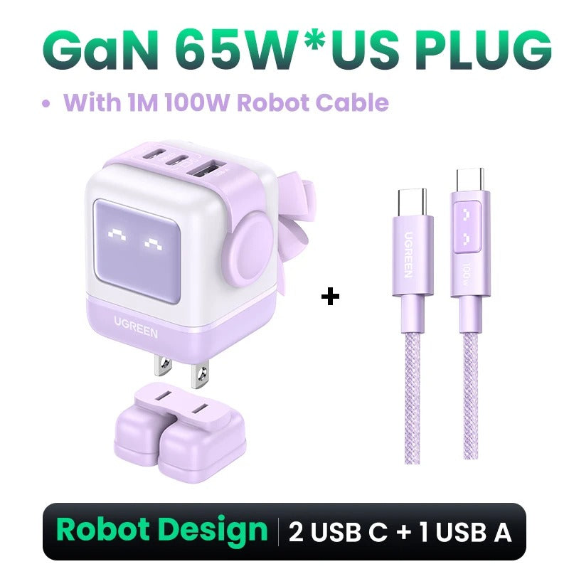 UGREEN 65W/30W GaN Robot Charger (US Plug) | PD3.0 QC4.0 PPS Fast Charging Adapter for iPhone 17/16/15 Pro, MacBook & Laptops