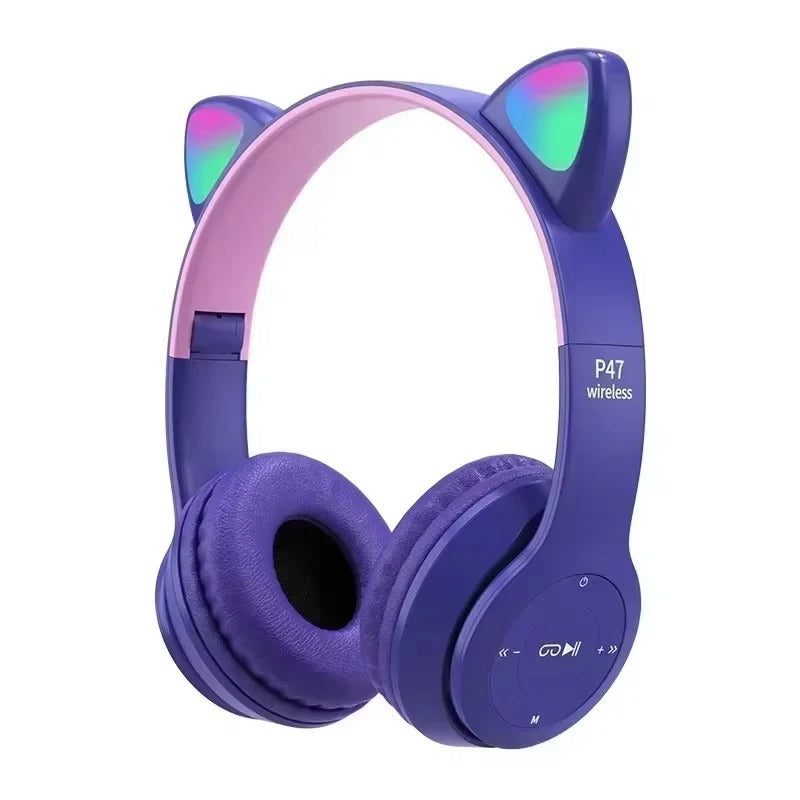 Flash Lamp Cat Ear Bluetooth Headphones for Kids | Wireless Stereo Headset with Mic, TF Card Support & LED Light-Up Ears