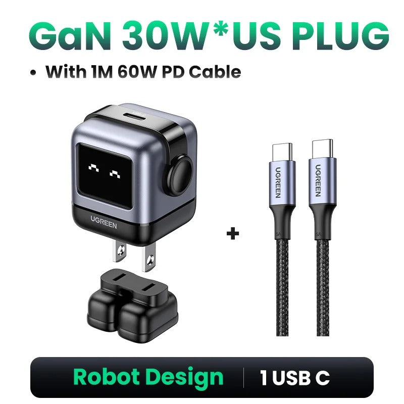 UGREEN 65W/30W GaN Robot Charger (US Plug) | PD3.0 QC4.0 PPS Fast Charging Adapter for iPhone 17/16/15 Pro, MacBook & Laptops