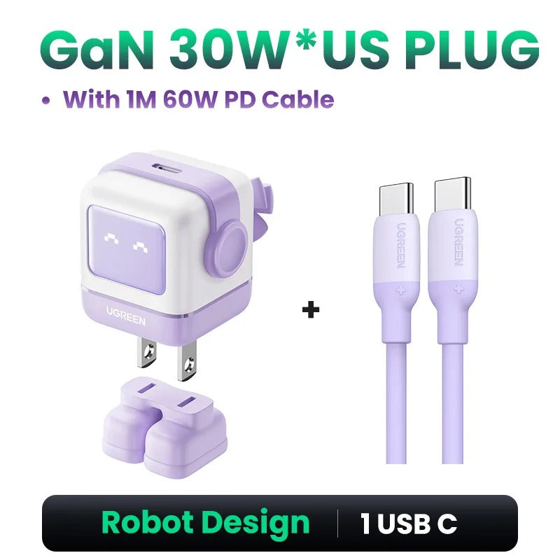 UGREEN 65W/30W GaN Robot Charger (US Plug) | PD3.0 QC4.0 PPS Fast Charging Adapter for iPhone 17/16/15 Pro, MacBook & Laptops