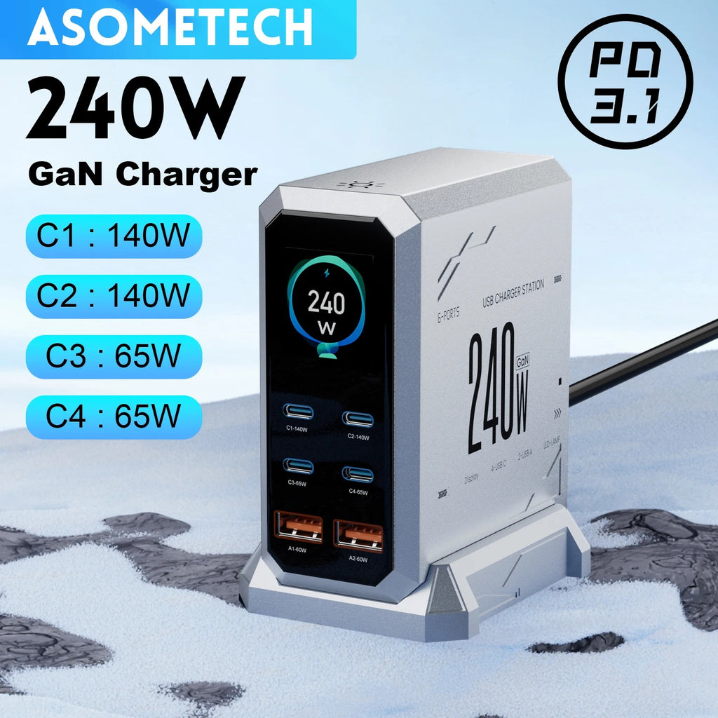 240W GaN Fast Charging Station 6-in-1 | 140W PD 3.1 PPS USB-C Multi-Port Charger with Digital Display | For MacBook, iPhone 16/15, Samsung & Laptops