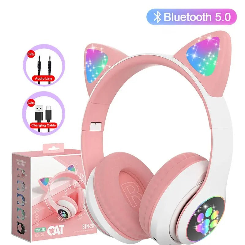 Flash Lamp Cat Ear Bluetooth Headphones for Kids | Wireless Stereo Headset with Mic, TF Card Support & LED Light-Up Ears
