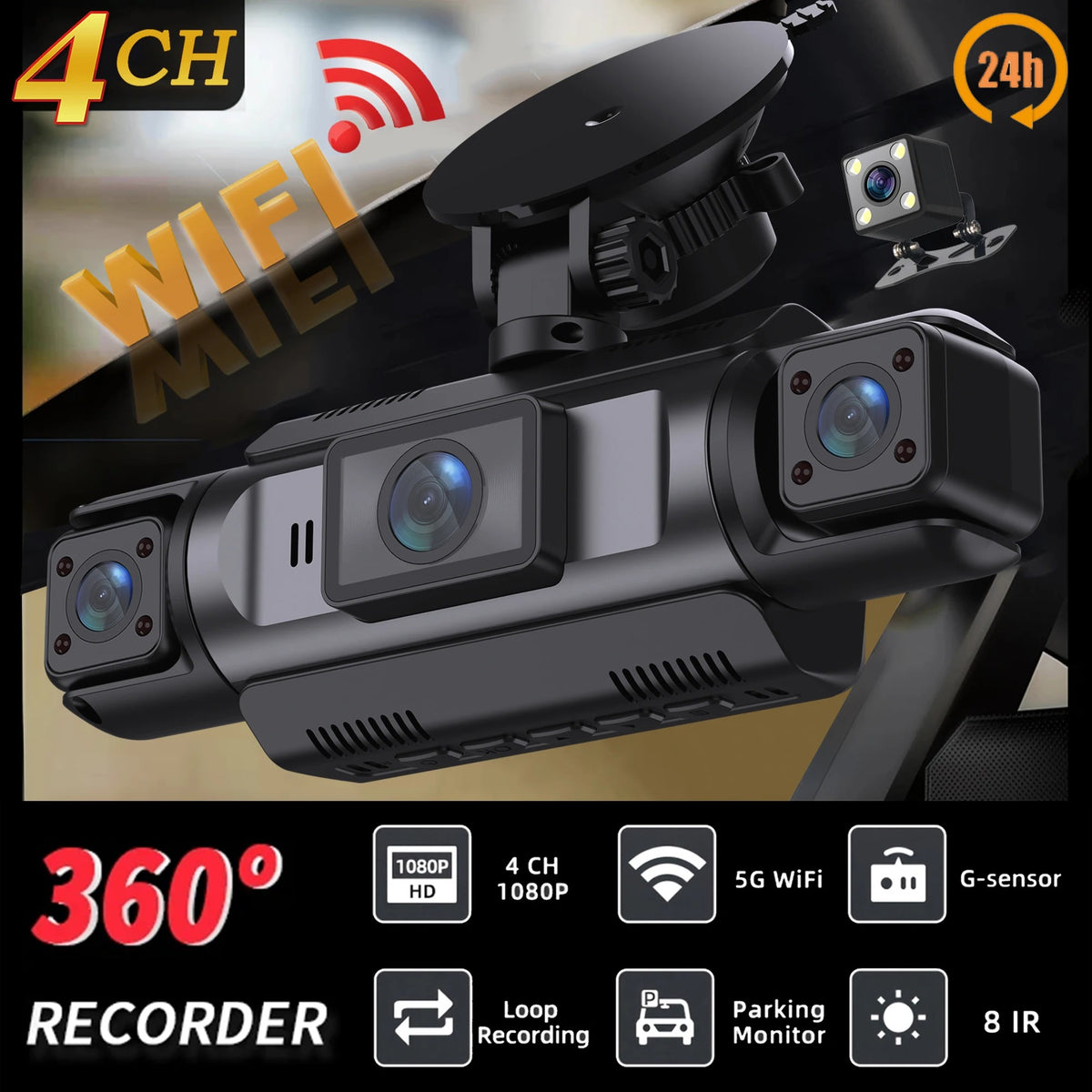 4-Channel WiFi Dash Cam 1080P Full HD – Front, Left, Right & Rear Camera System with Night Vision, Loop Recording & Hardwire Kit