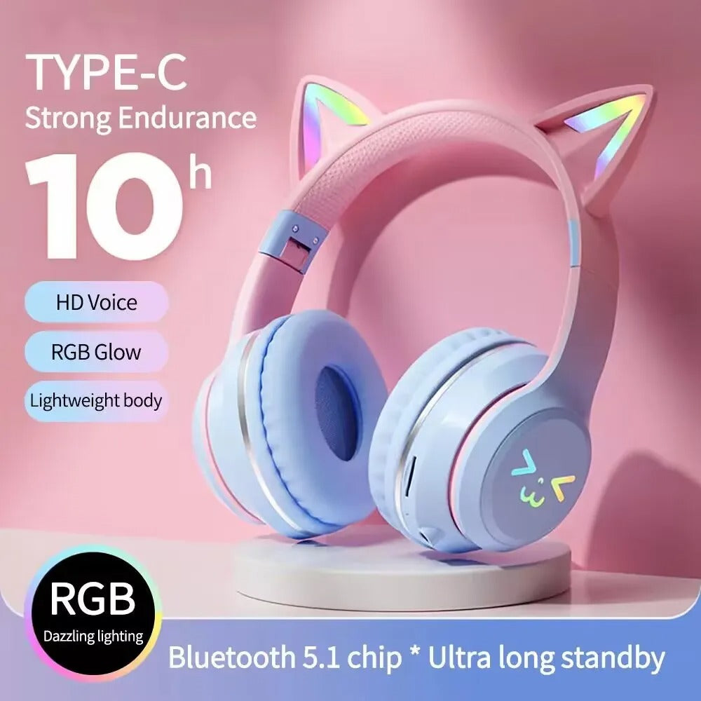 RGB Glow Cat Ear Wireless Earbuds Bluetooth 5.3 | Gaming Sports Headphones with LED Lights, Mic & MP3 Player
