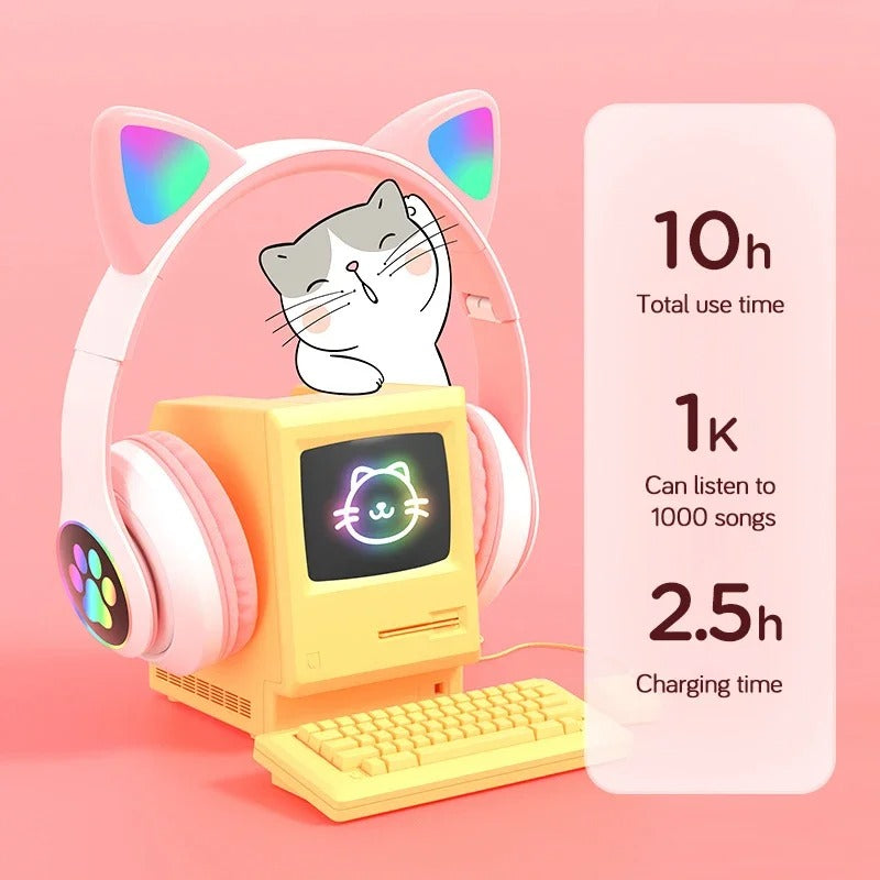 Flash Lamp Cat Ear Bluetooth Headphones for Kids | Wireless Stereo Headset with Mic, TF Card Support & LED Light-Up Ears