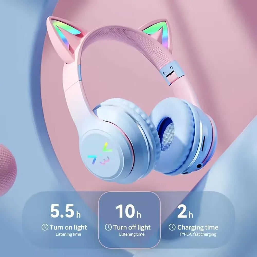 RGB Glow Cat Ear Wireless Earbuds Bluetooth 5.3 | Gaming Sports Headphones with LED Lights, Mic & MP3 Player