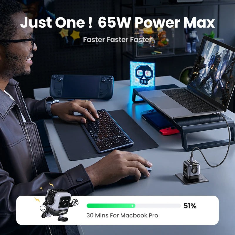 UGREEN 65W/30W GaN Robot Charger (US Plug) | PD3.0 QC4.0 PPS Fast Charging Adapter for iPhone 17/16/15 Pro, MacBook & Laptops
