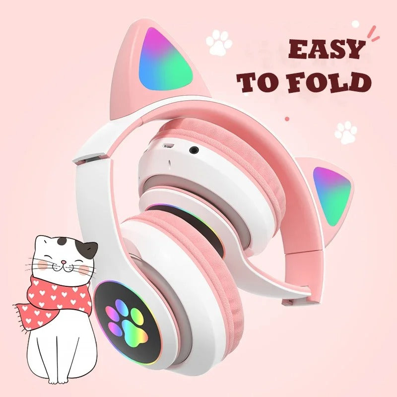Flash Lamp Cat Ear Bluetooth Headphones for Kids | Wireless Stereo Headset with Mic, TF Card Support & LED Light-Up Ears
