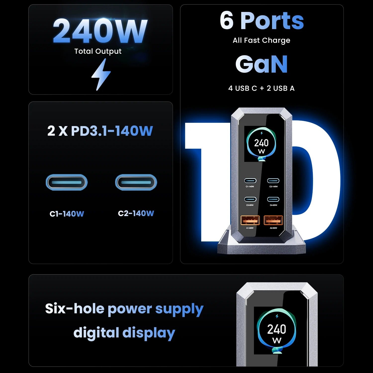 240W GaN Fast Charging Station 6-in-1 | 140W PD 3.1 PPS USB-C Multi-Port Charger with Digital Display | For MacBook, iPhone 16/15, Samsung & Laptops