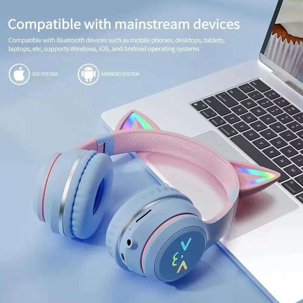 RGB Glow Cat Ear Wireless Earbuds Bluetooth 5.3 | Gaming Sports Headphones with LED Lights, Mic & MP3 Player