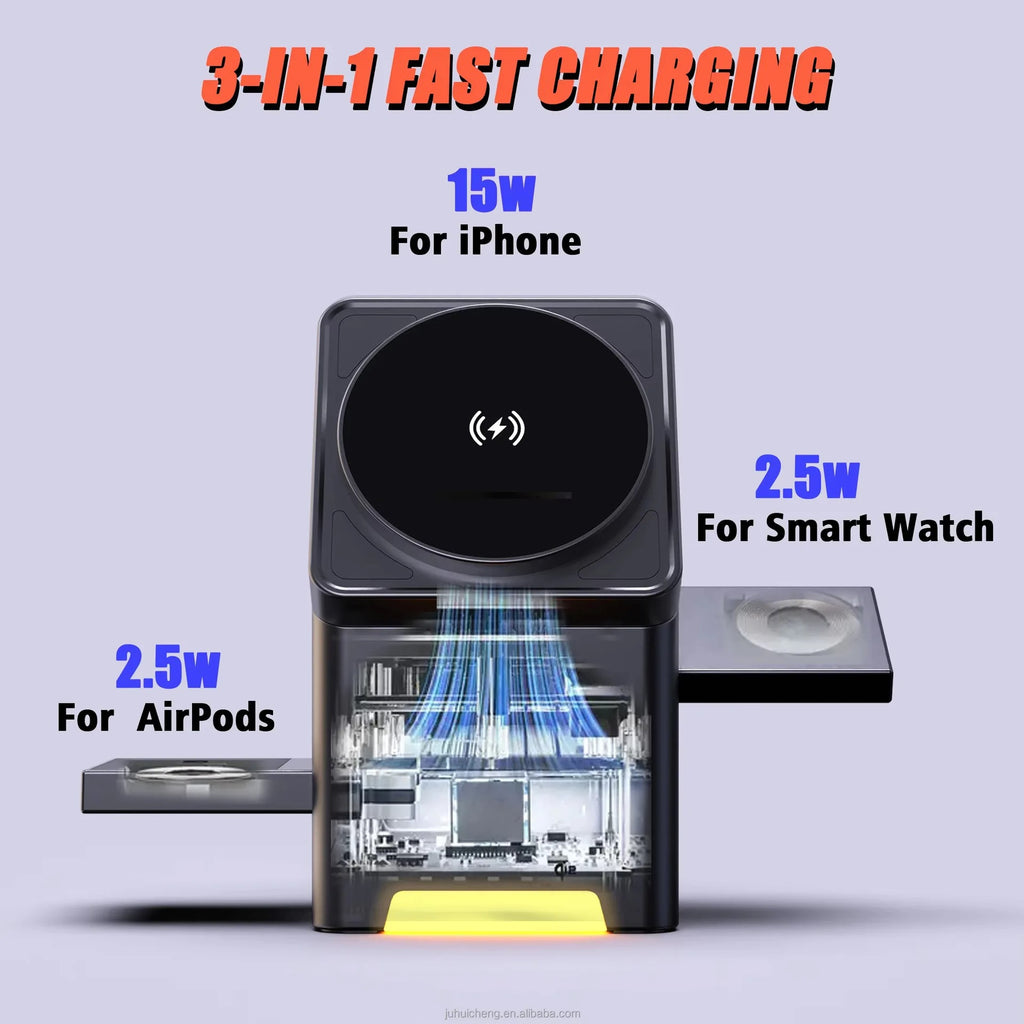 3-in-1 Cube Wireless Charger – Auto-Rotating Magnetic 15W Fast Charging Station for iPhone, Apple Watch & AirPods