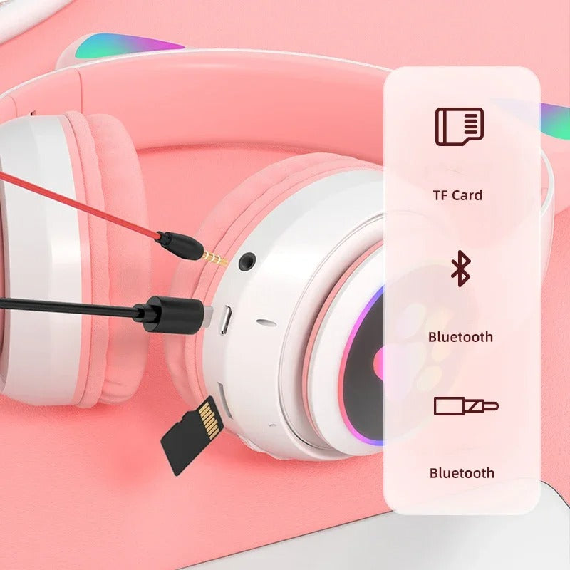 Flash Lamp Cat Ear Bluetooth Headphones for Kids | Wireless Stereo Headset with Mic, TF Card Support & LED Light-Up Ears