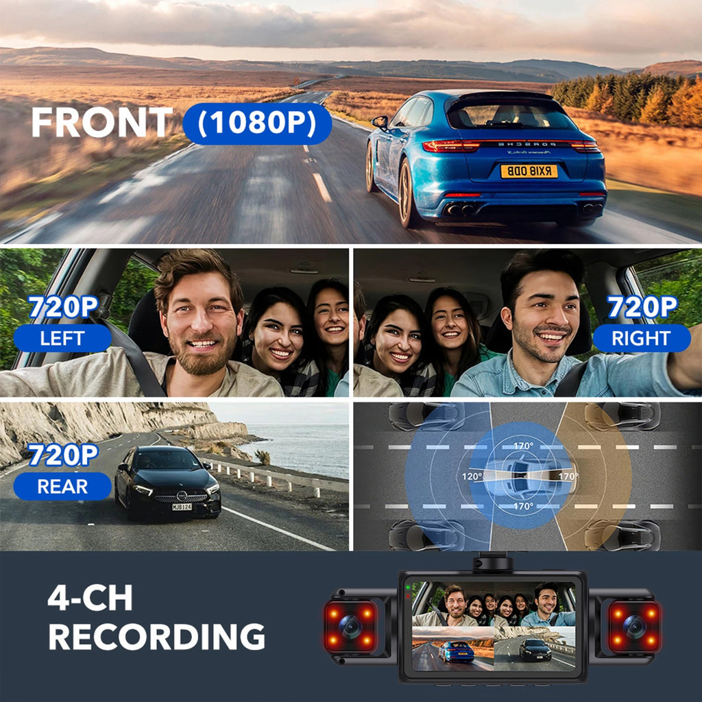 4-Channel WiFi Dash Cam 1080P Full HD – Front, Left, Right & Rear Camera System with Night Vision, Loop Recording & Hardwire Kit