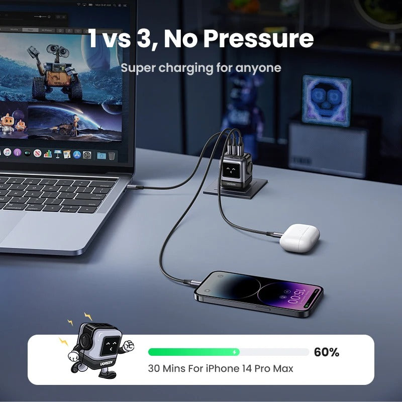 UGREEN 65W/30W GaN Robot Charger (US Plug) | PD3.0 QC4.0 PPS Fast Charging Adapter for iPhone 17/16/15 Pro, MacBook & Laptops