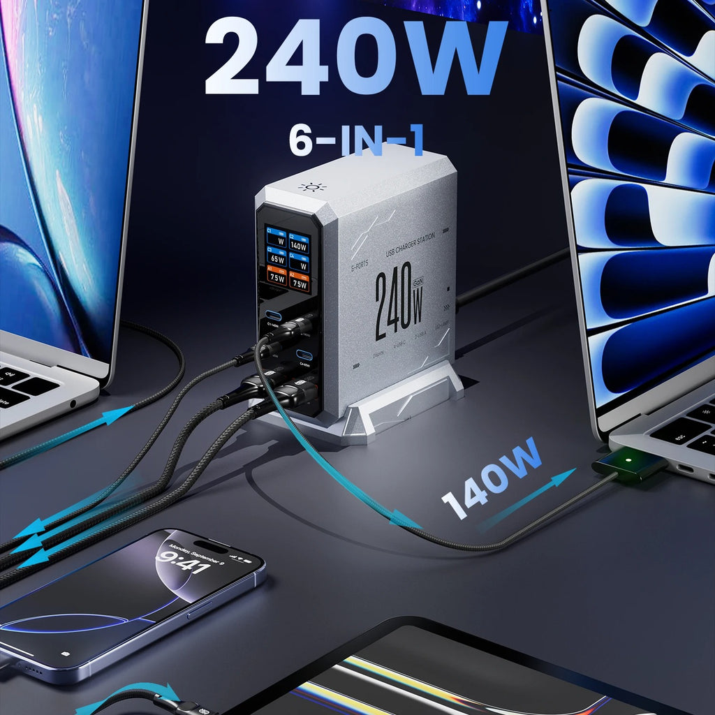 240W GaN Fast Charging Station 6-in-1 | 140W PD 3.1 PPS USB-C Multi-Port Charger with Digital Display | For MacBook, iPhone 16/15, Samsung & Laptops