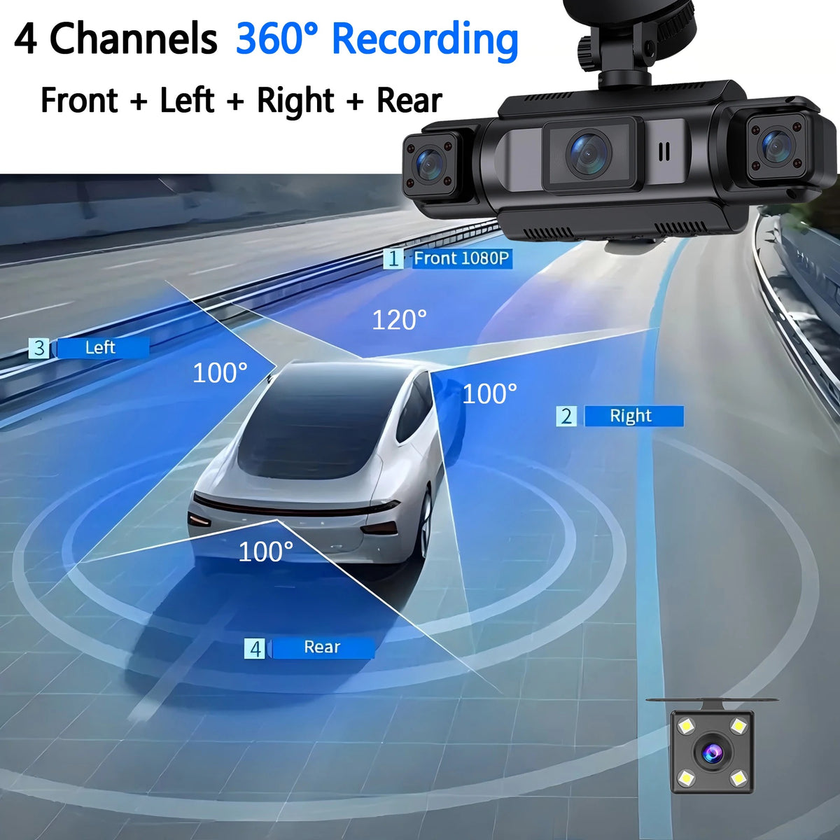 4-Channel WiFi Dash Cam 1080P Full HD – Front, Left, Right & Rear Camera System with Night Vision, Loop Recording & Hardwire Kit