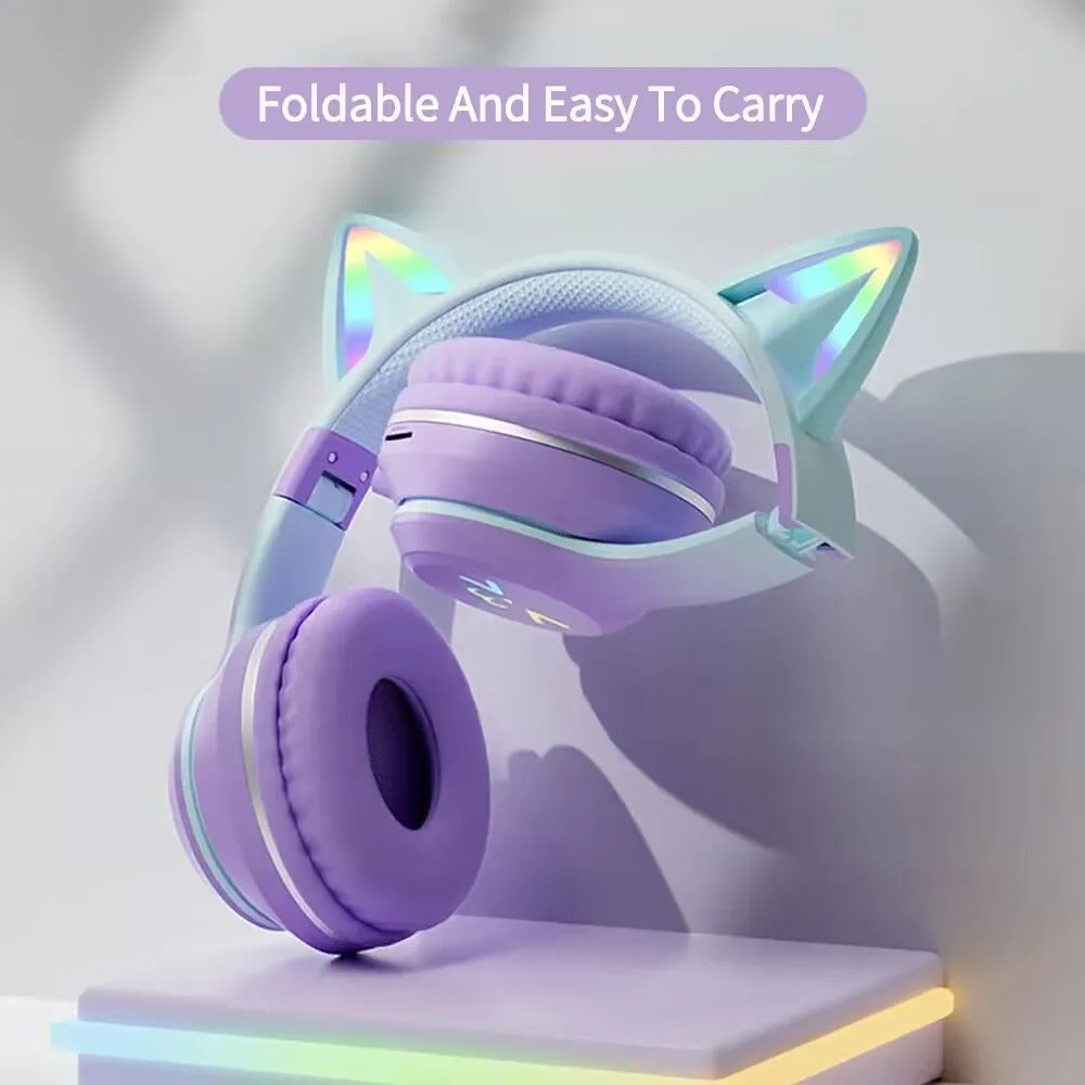 RGB Glow Cat Ear Wireless Earbuds Bluetooth 5.3 | Gaming Sports Headphones with LED Lights, Mic & MP3 Player