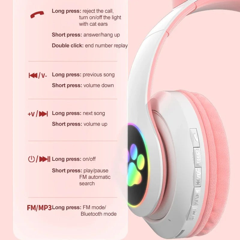 Flash Lamp Cat Ear Bluetooth Headphones for Kids | Wireless Stereo Headset with Mic, TF Card Support & LED Light-Up Ears