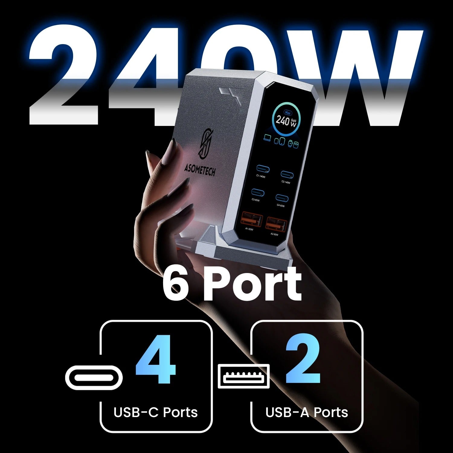 240W GaN Fast Charging Station 6-in-1 | 140W PD 3.1 PPS USB-C Multi-Port Charger with Digital Display | For MacBook, iPhone 16/15, Samsung & Laptops